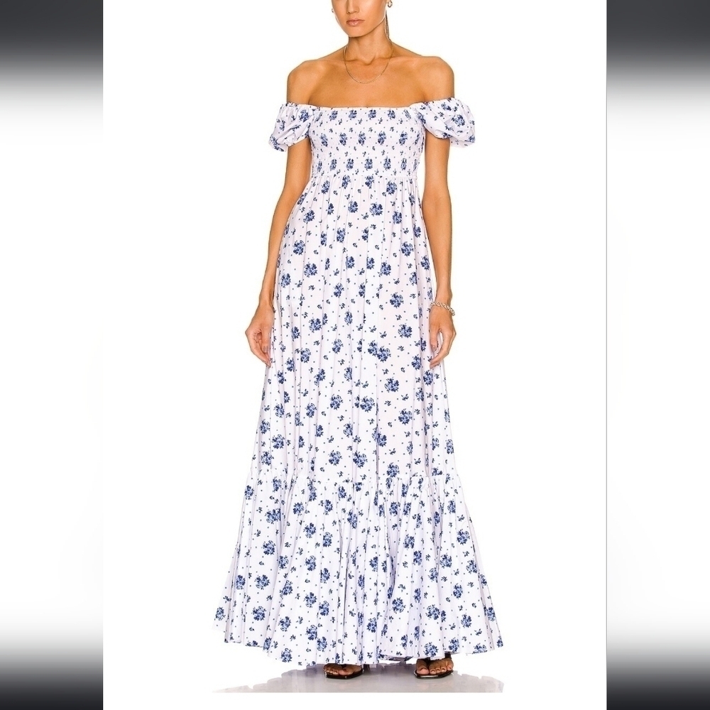 Caroline Constas Gianna Smocked Puff Sleeve Maxi Dress Blue Spot Floral Size XL - Picture 4 of 14